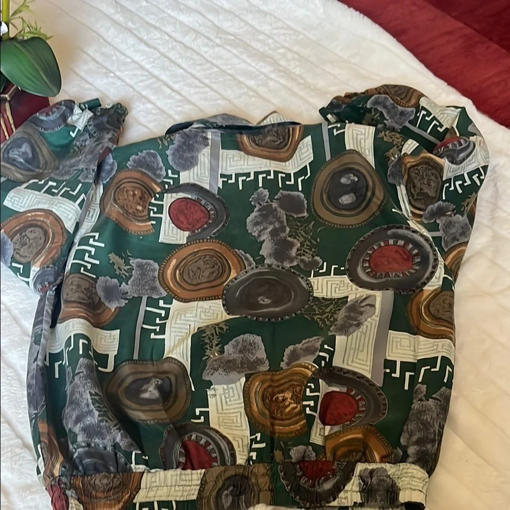 FUDA International Vintage Green Silk Greek Multicolor Patterned Jacket